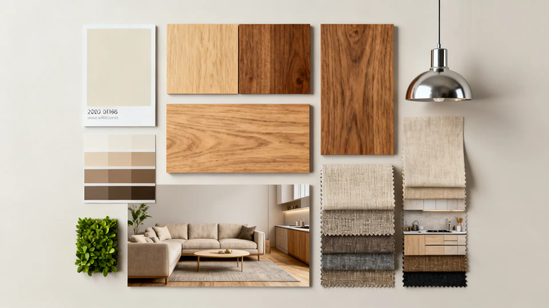Interior design mood board with wood samples fabric swatches color palette living room photo and lamp