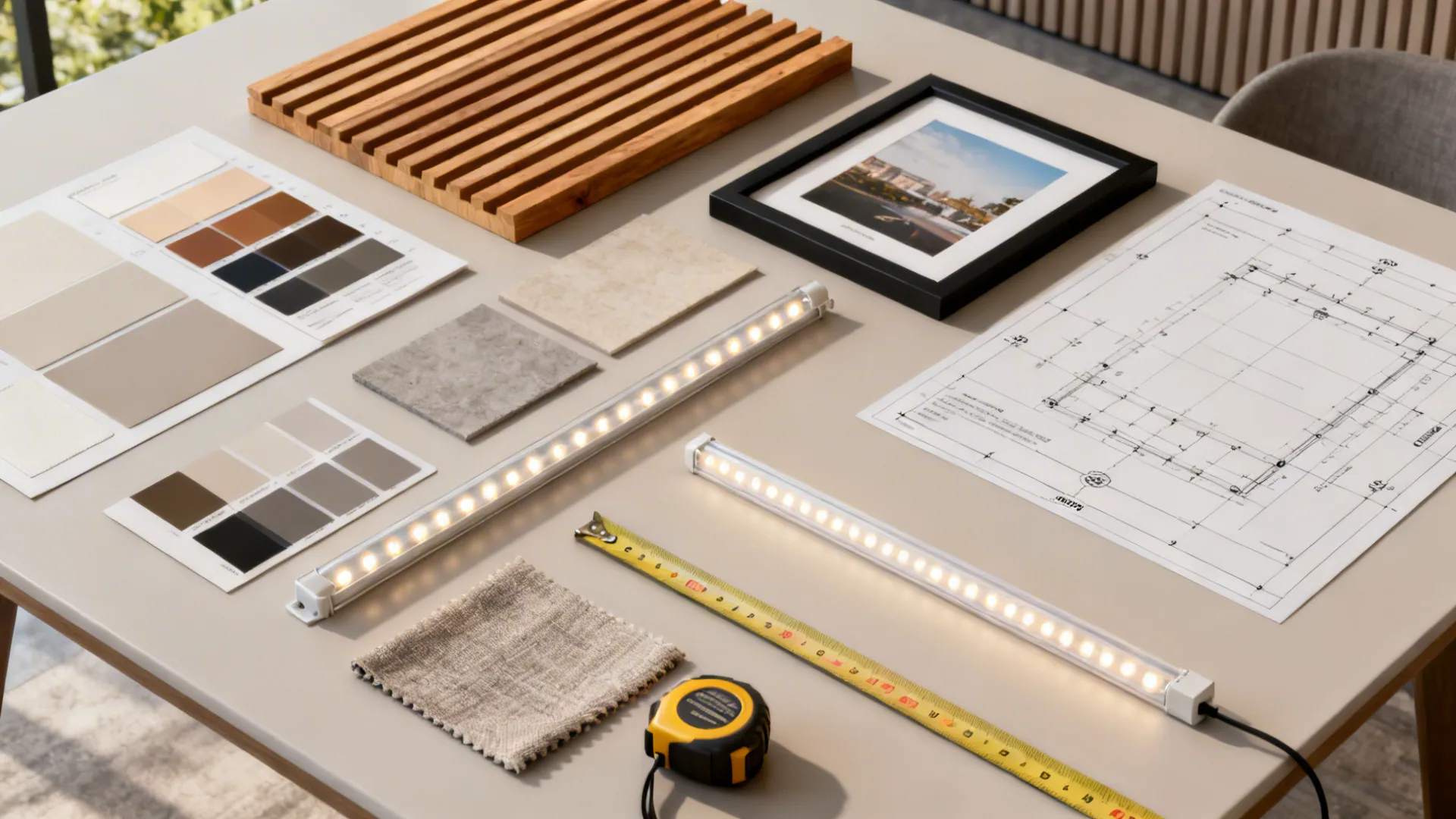 Moodboard flatlay with paint swatches, wood sample, frames and planning tools for a wall makeover.