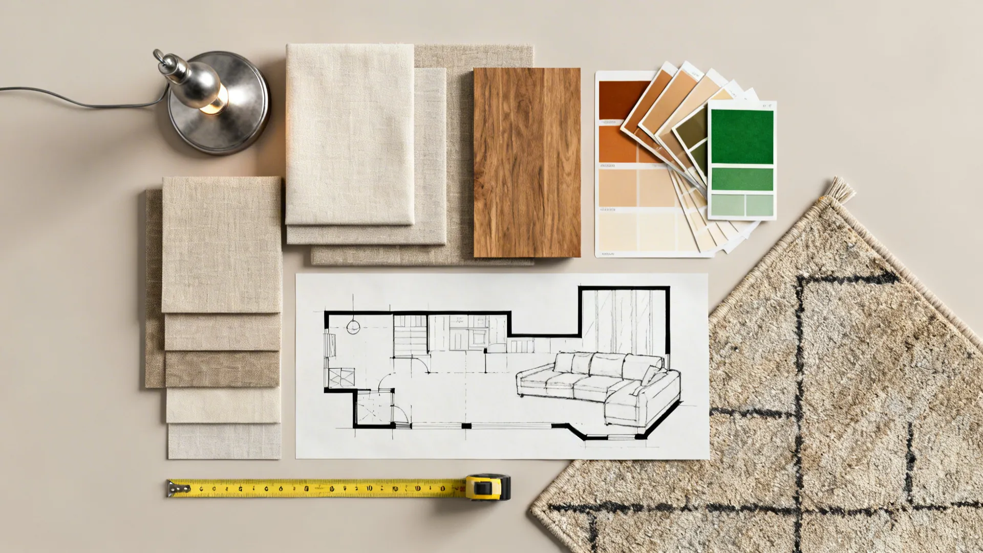 Flatlay moodboard of fabric swatches, wood samples, rug corner and floorplan for L-shaped living room planning