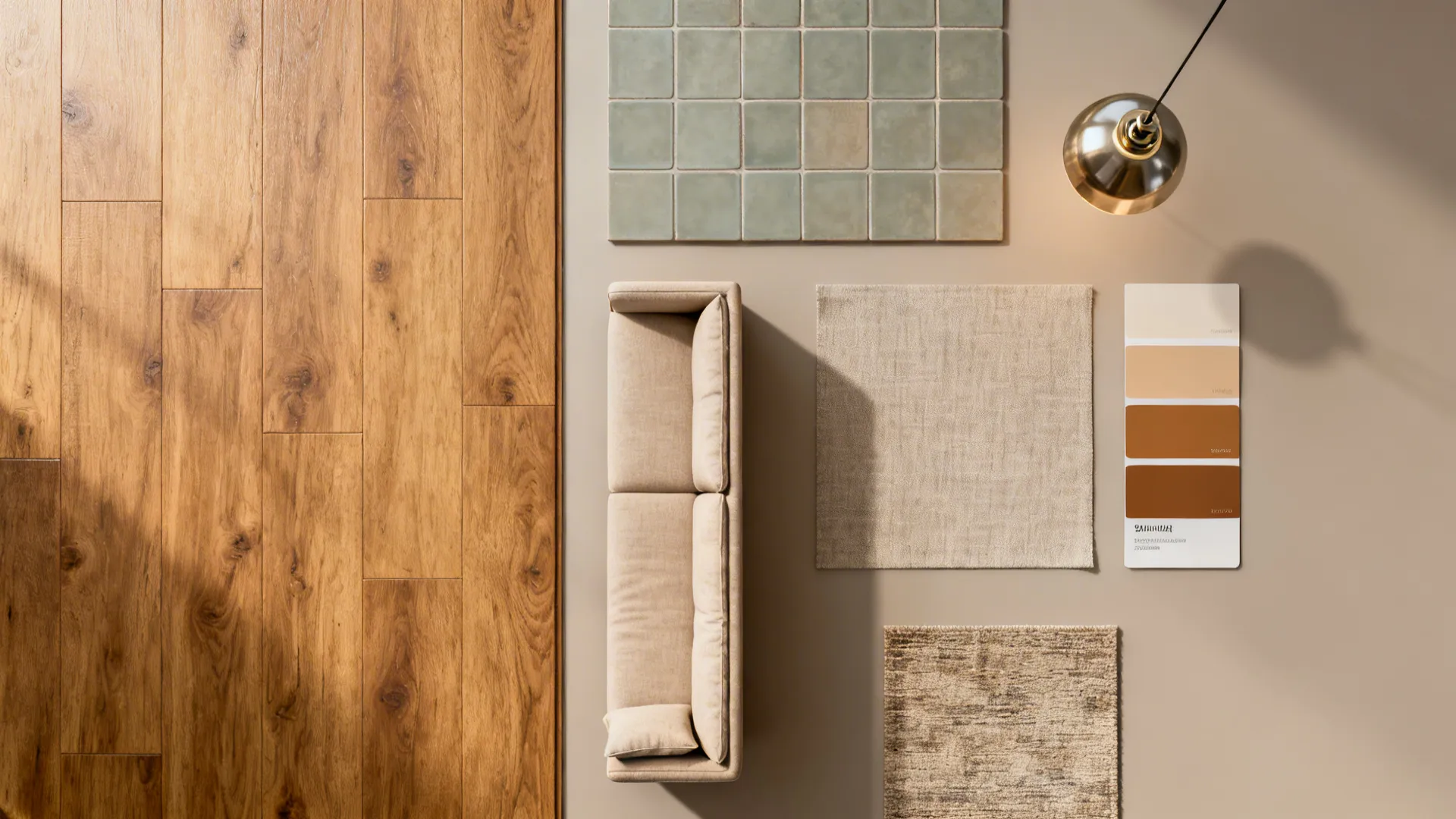 Flatlay mood board of materials: oak flooring, muted tiles, sofa fabric swatch and lighting samples for a small open-plan space.