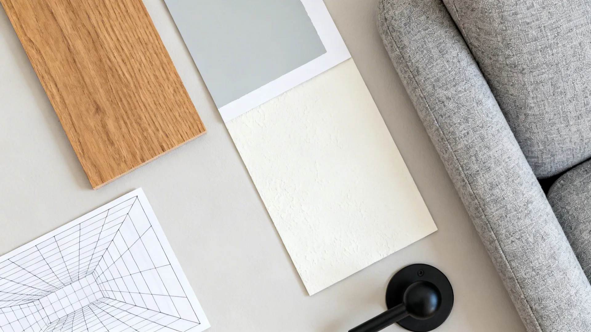 Top-down flat lay of warm wood, neutral paint and fabric swatches with a perspective grid card.
