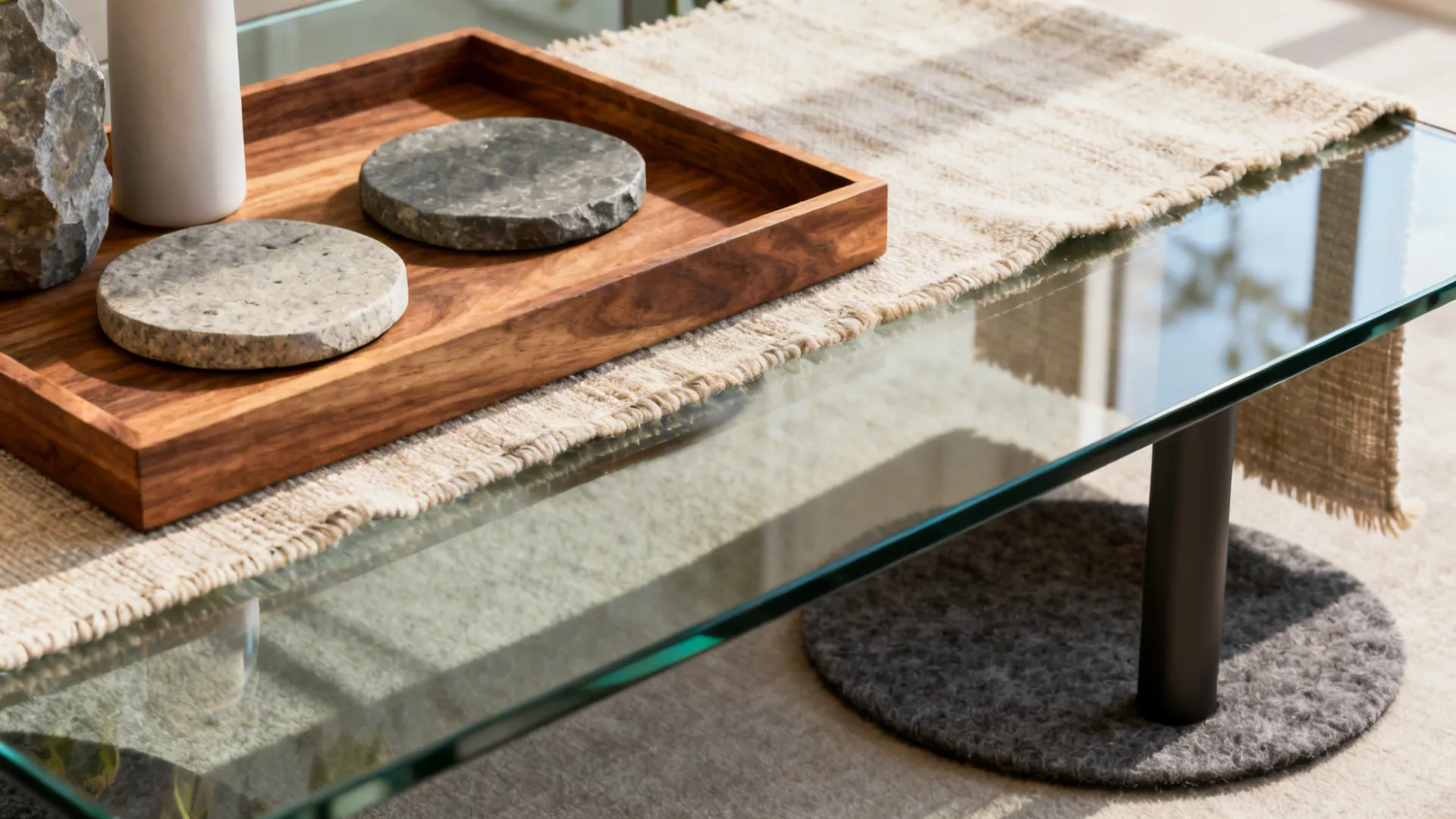 Glass tabletop styled with wooden tray, stone coasters, and a natural textile runner.