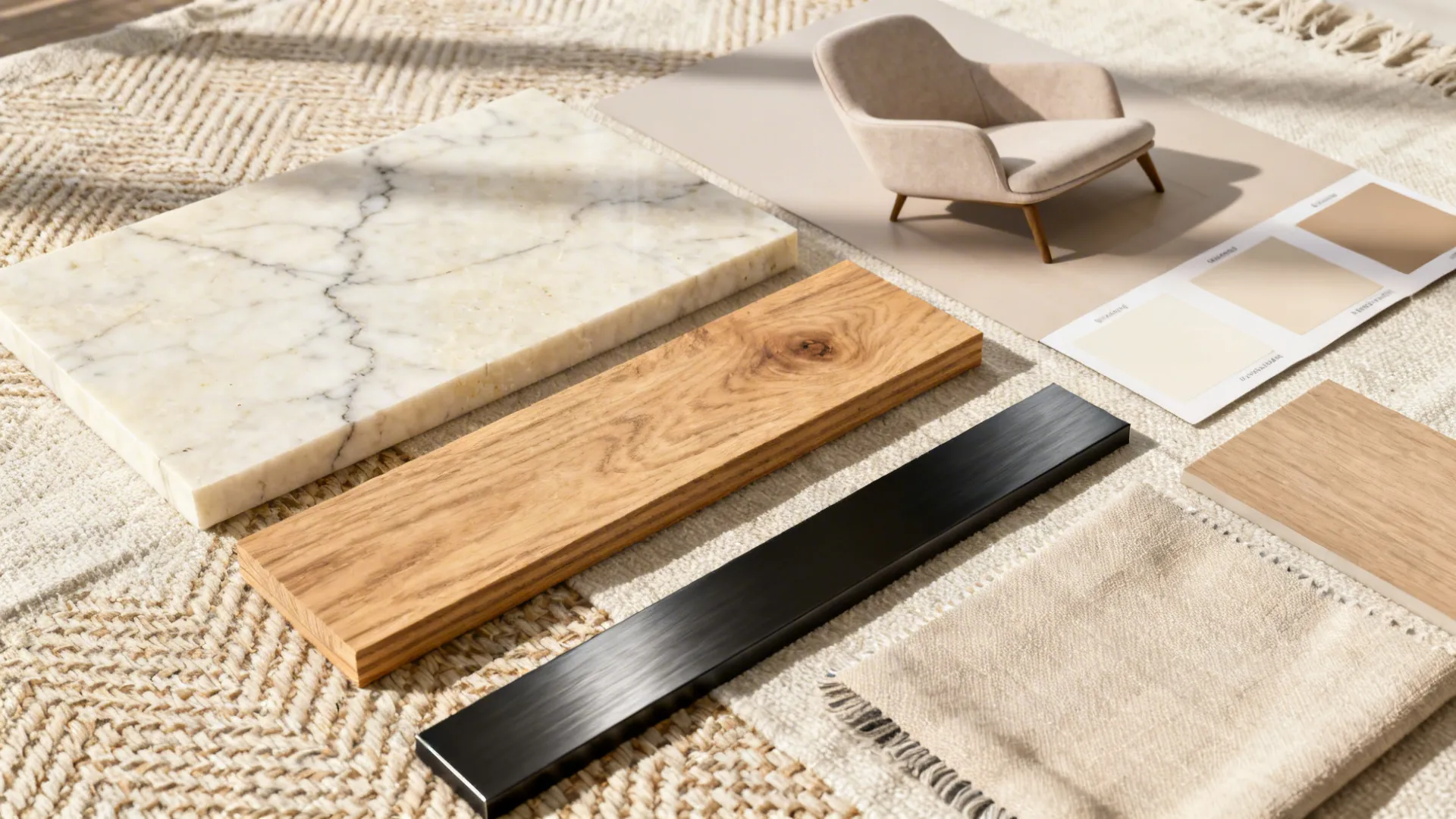 Flatlay of quartz, wood, laminate, black metal, and fabric swatches for an open plan.