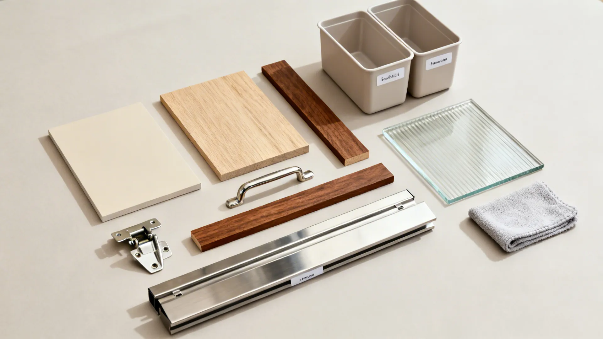 Flat lay of cabinet materials, reeded glass, hardware, and labeled bins for small kitchens.