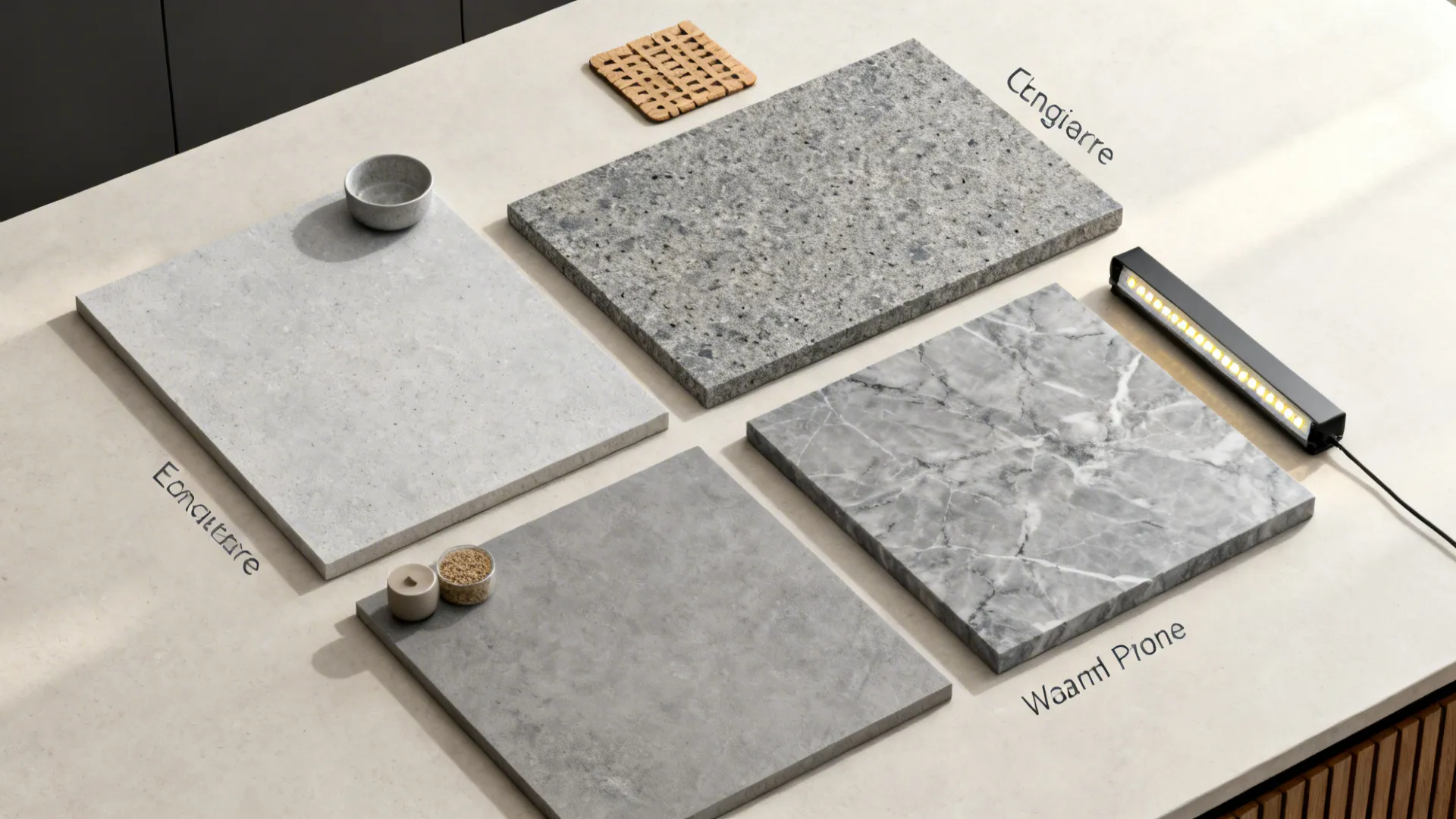 Top-down layout comparing grey quartz, concrete-look, granite, porcelain, and marble-look samples.