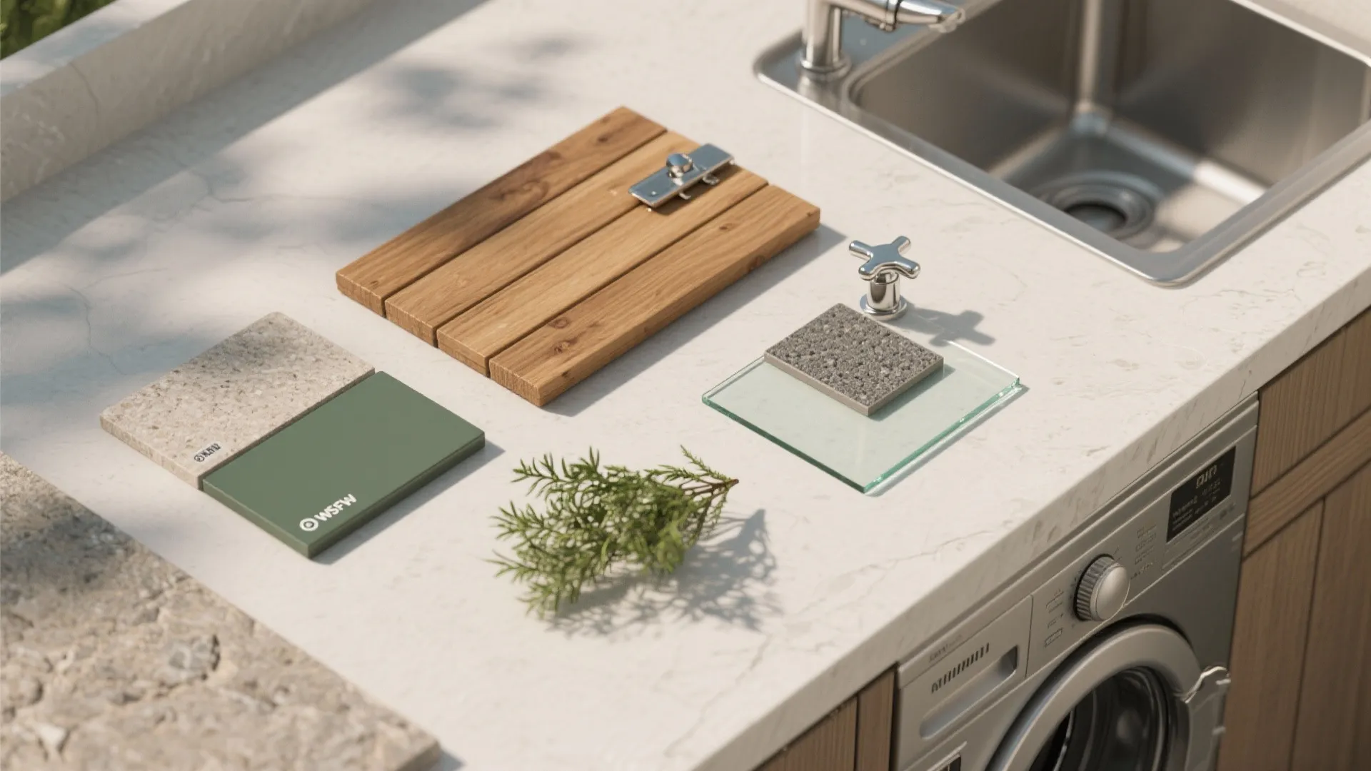 White kitchen countertop with various material samples including wood green panel stone glass sink faucet