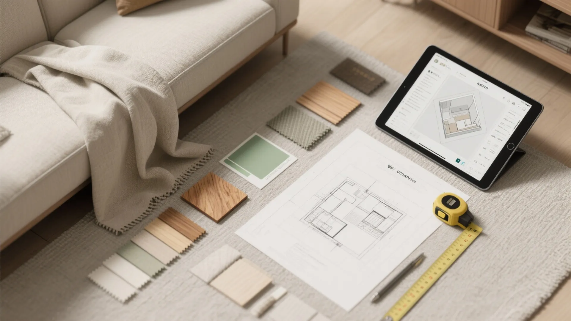 Interior design project materials on rug featuring tablet floor plan wood samples and measuring tape