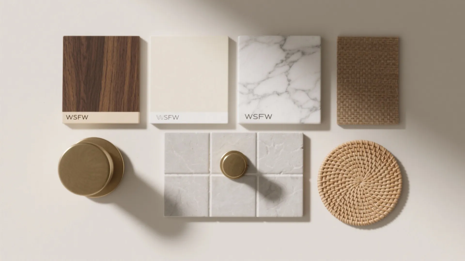 Interior design material palette with wood samples marble tiles gold metal hardware and woven fabric