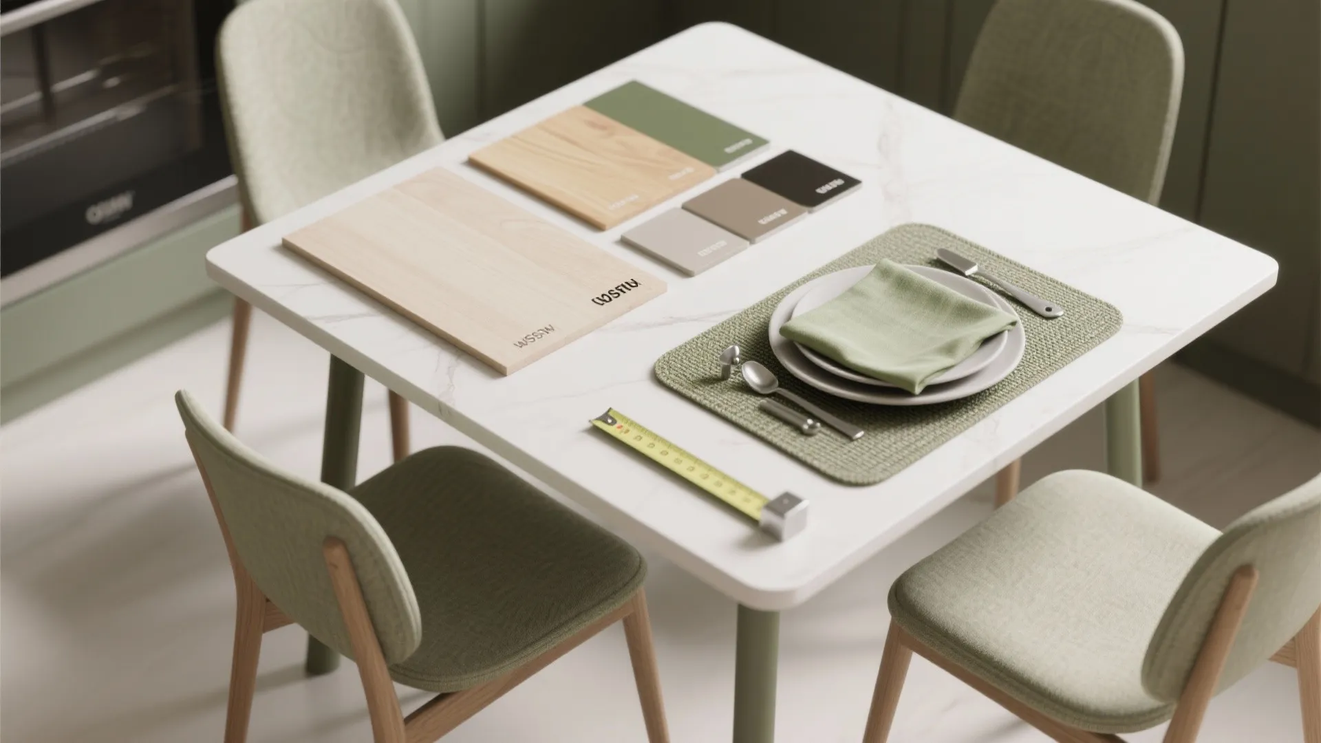 Dining table showing material samples of wood and green colors with measuring tape and plates
