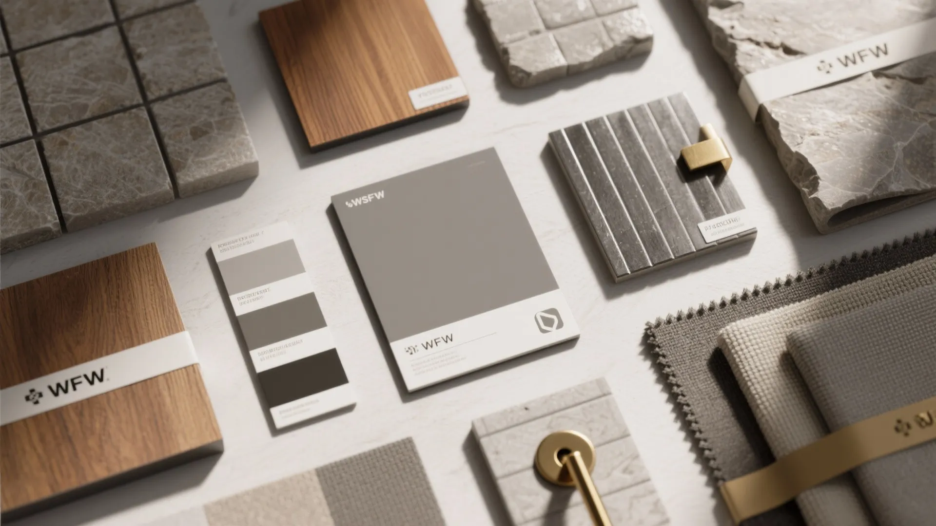 Top-down palette of warm-gray swatches beside wood, stone and metal samples for cohesive design.