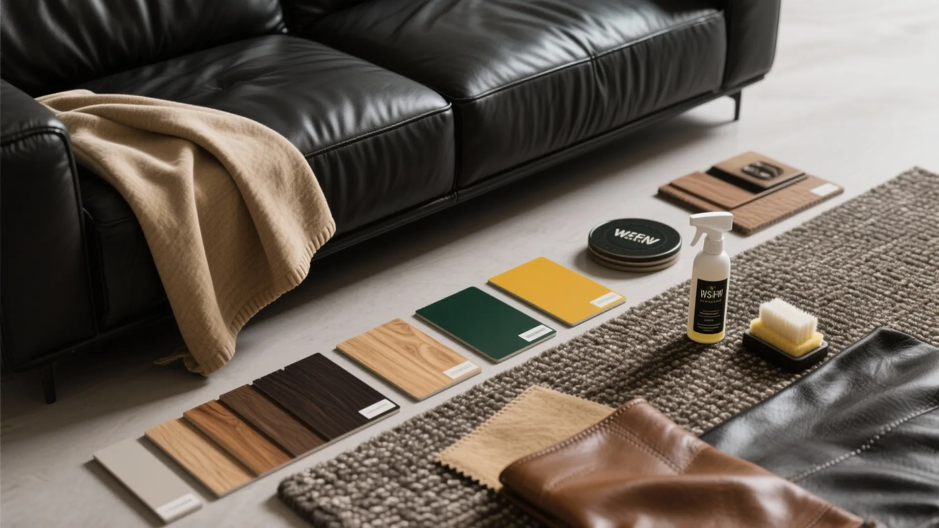 Material flatlay with wood, fabric swatches, accent color chips and leather care items for a black leather living room.