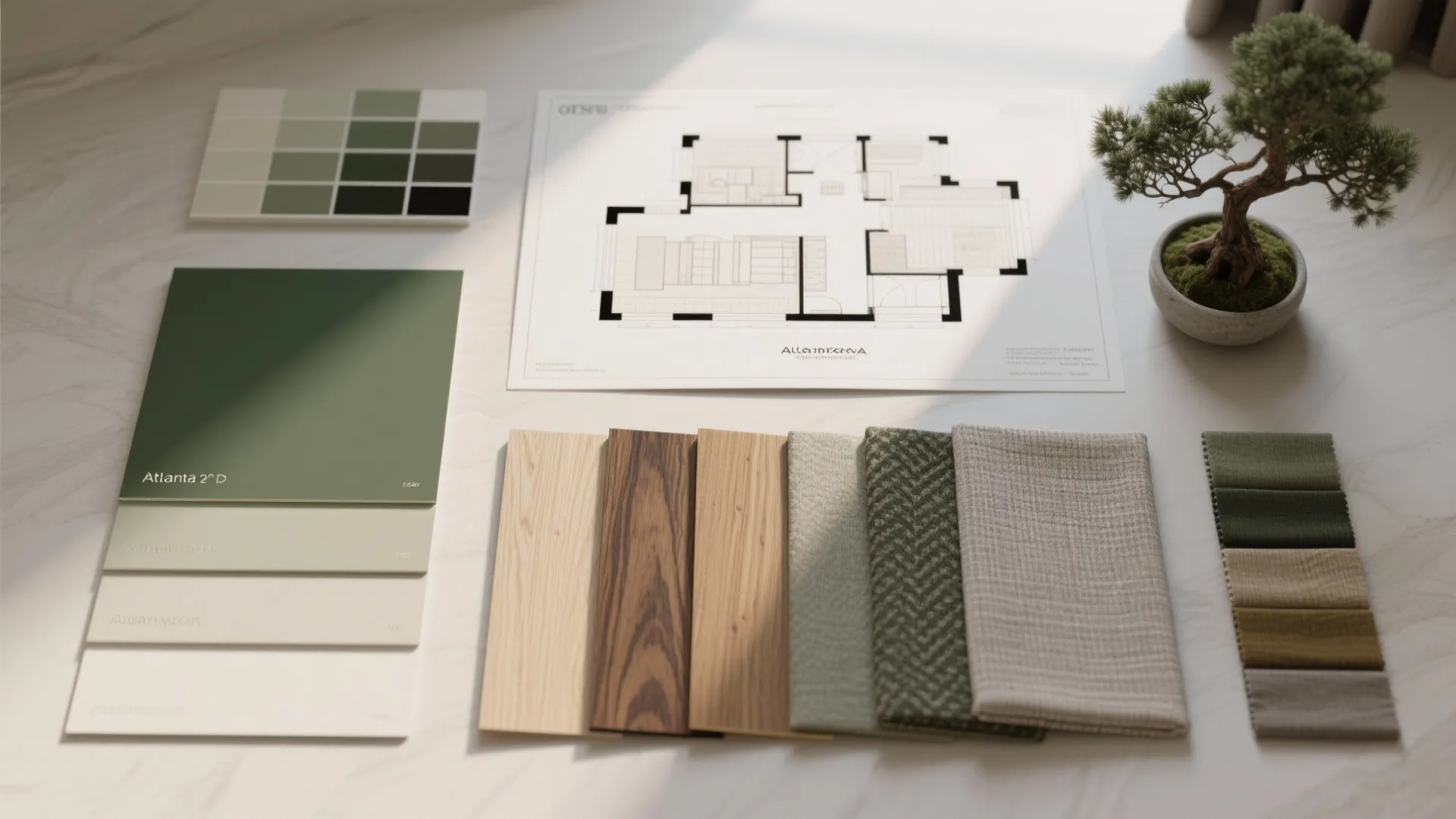 Flatlay of paint, wood, and fabric samples with a small bonsai and floorplan for a cohesive palette.