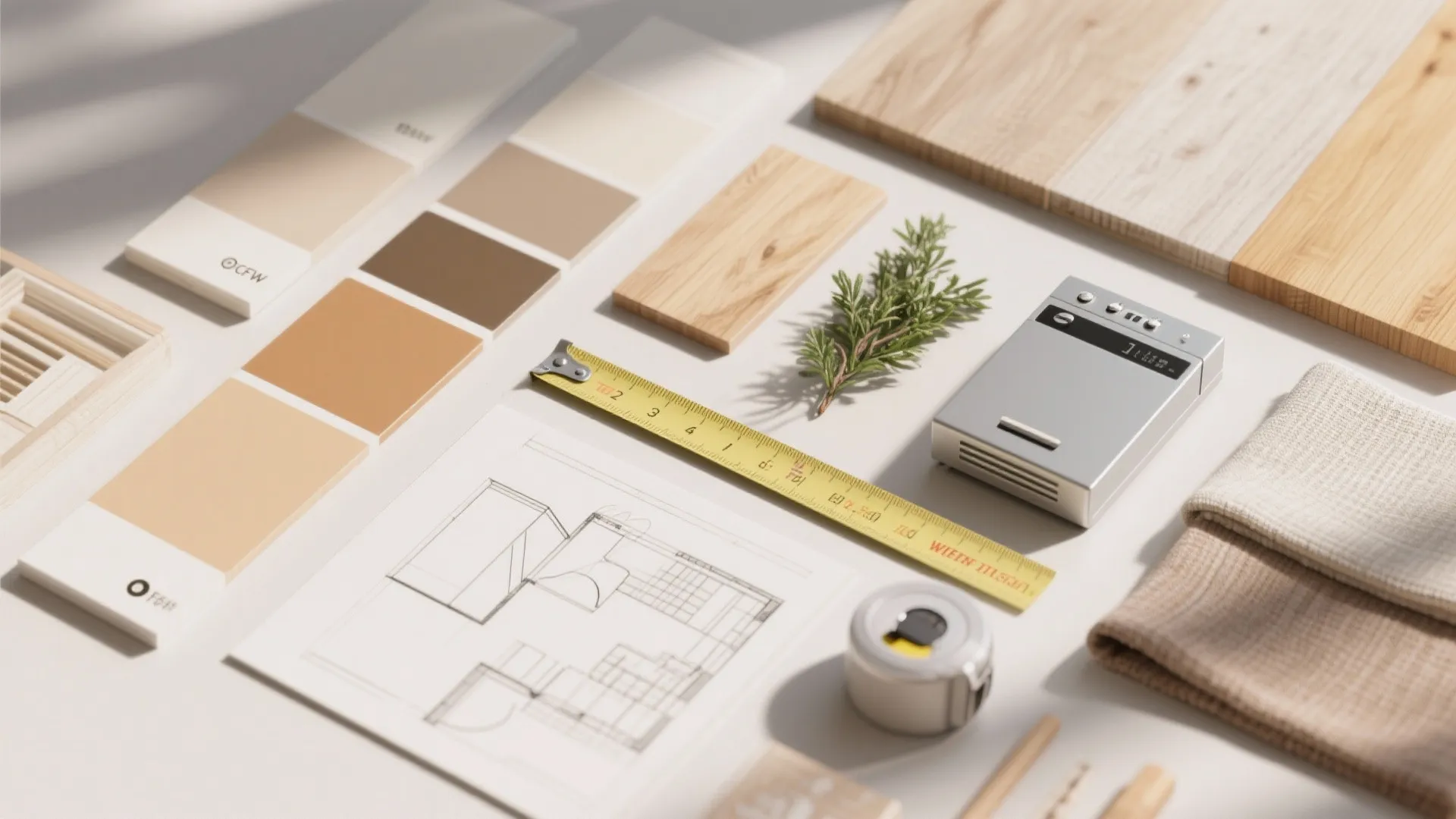 Interior design materials including color swatches wooden boards floor plan drawing and yellow tape measure