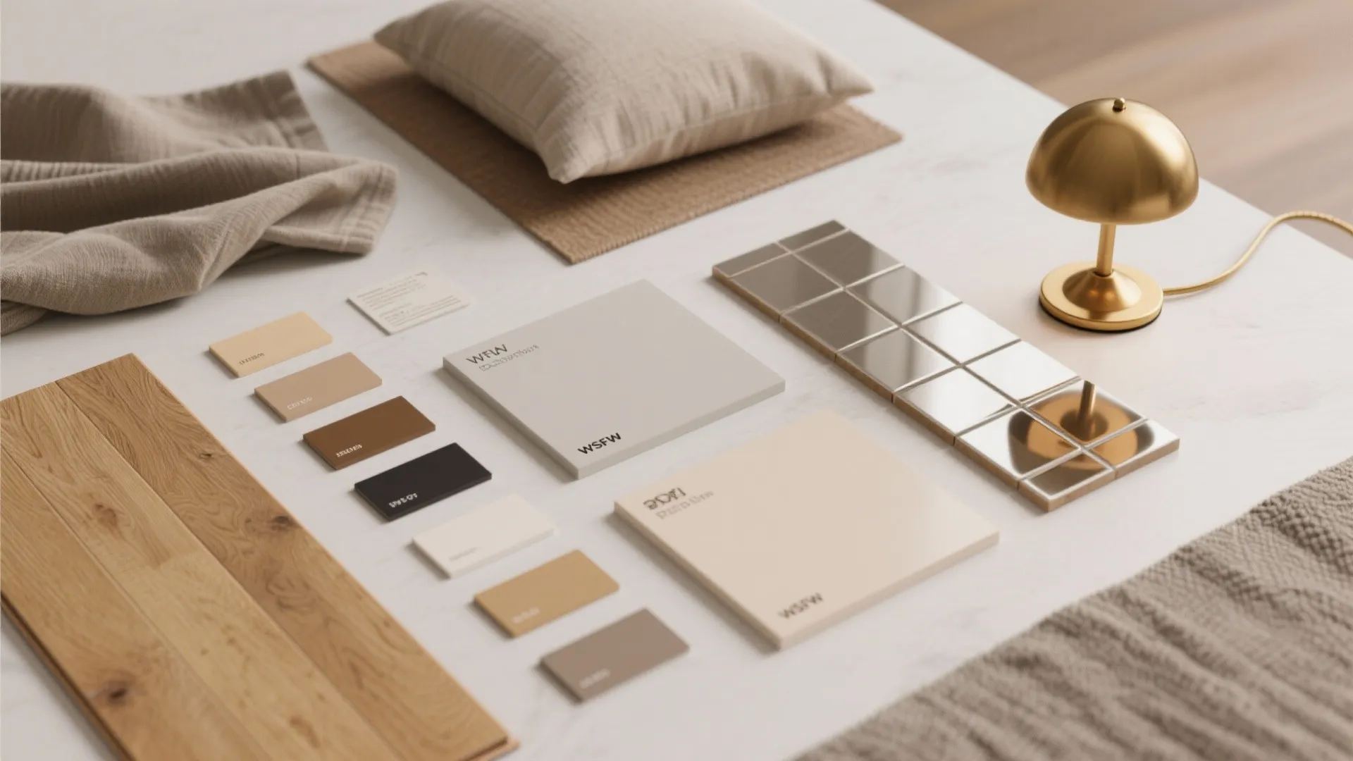 Interior design material palette with wood samples color swatches tiles fabric and gold table light