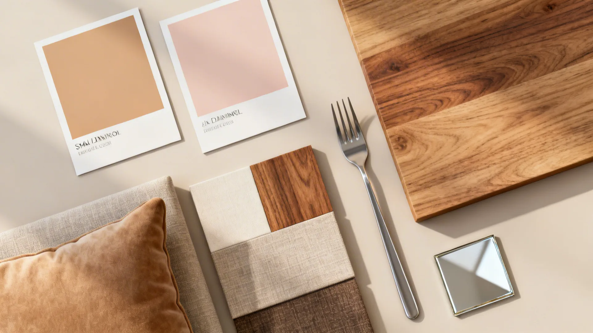 Interior design material collection showing wood samples, color cards, fabric pieces, pillow, and metal fork