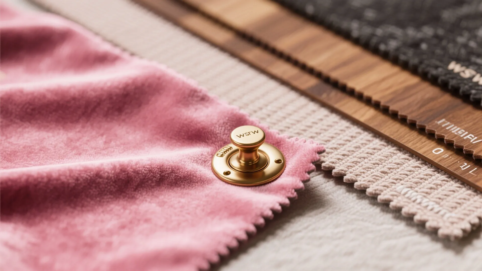 Close-up of pink velvet, brass detail, and durable upholstery samples for living room planning.