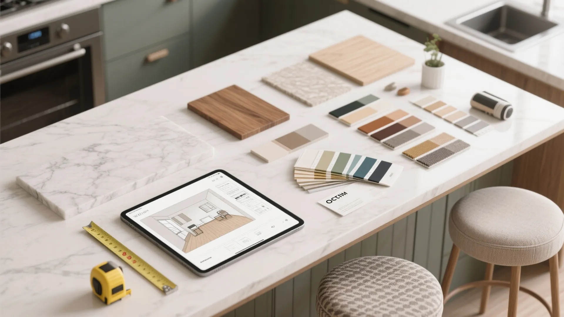 Interior design planning with tablet wood samples color swatches and measuring tape on marble kitchen island