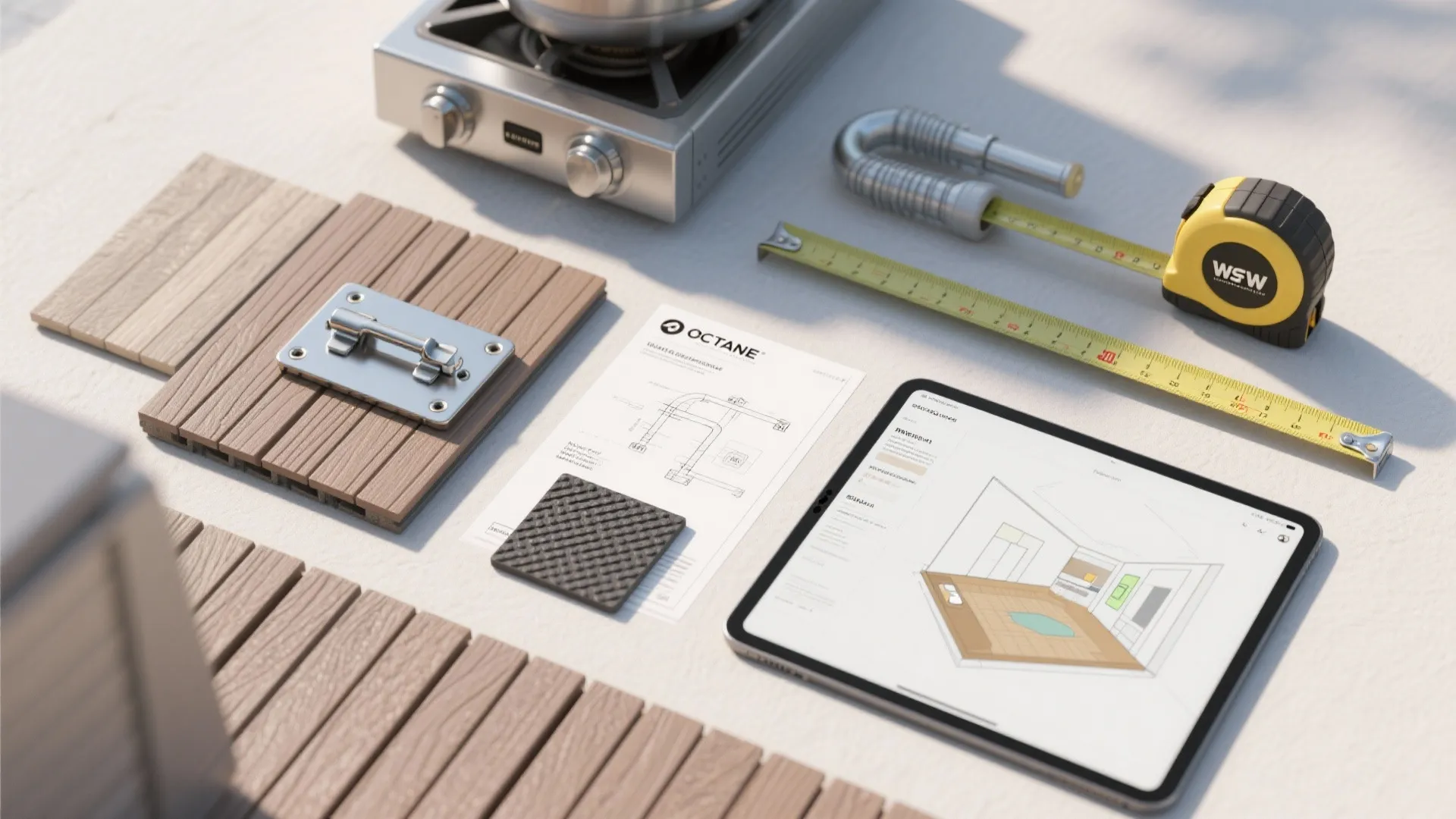 Interior design materials including wood planks tape measure tablet showing kitchen layout and technical paper drawings