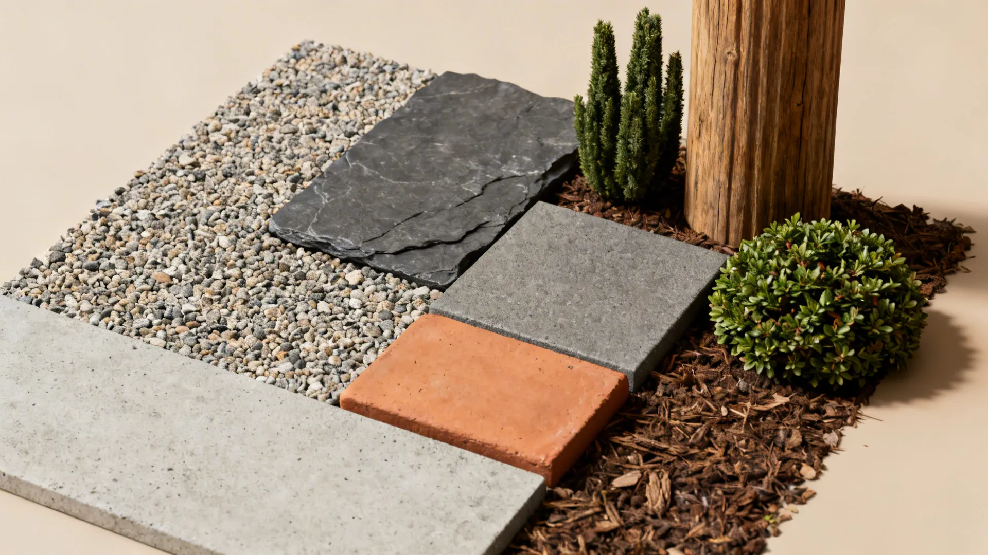 Flatlay of gravel, slate, concrete, terracotta and plant samples for a small front yard design
