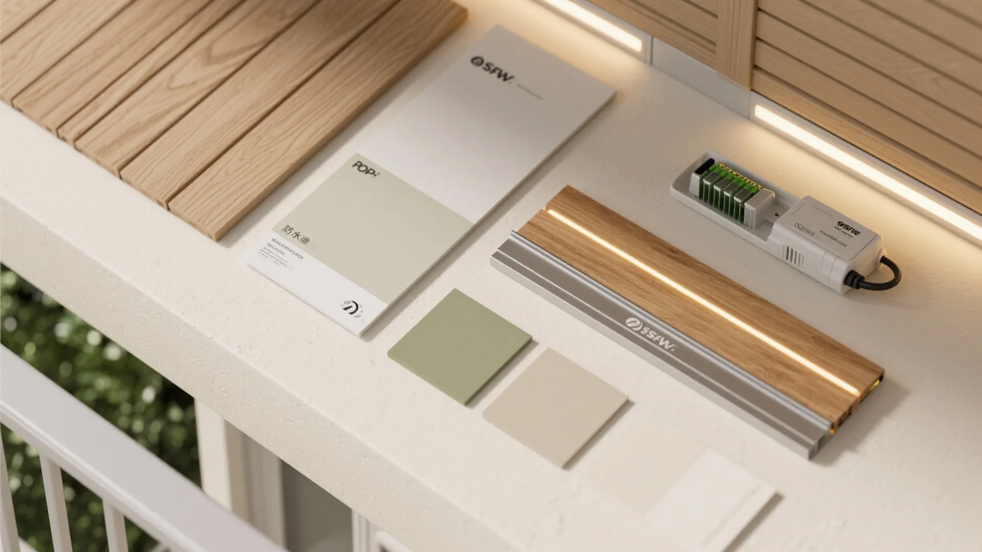 Mixed Material Ceiling: POP + Wood-Look Slats