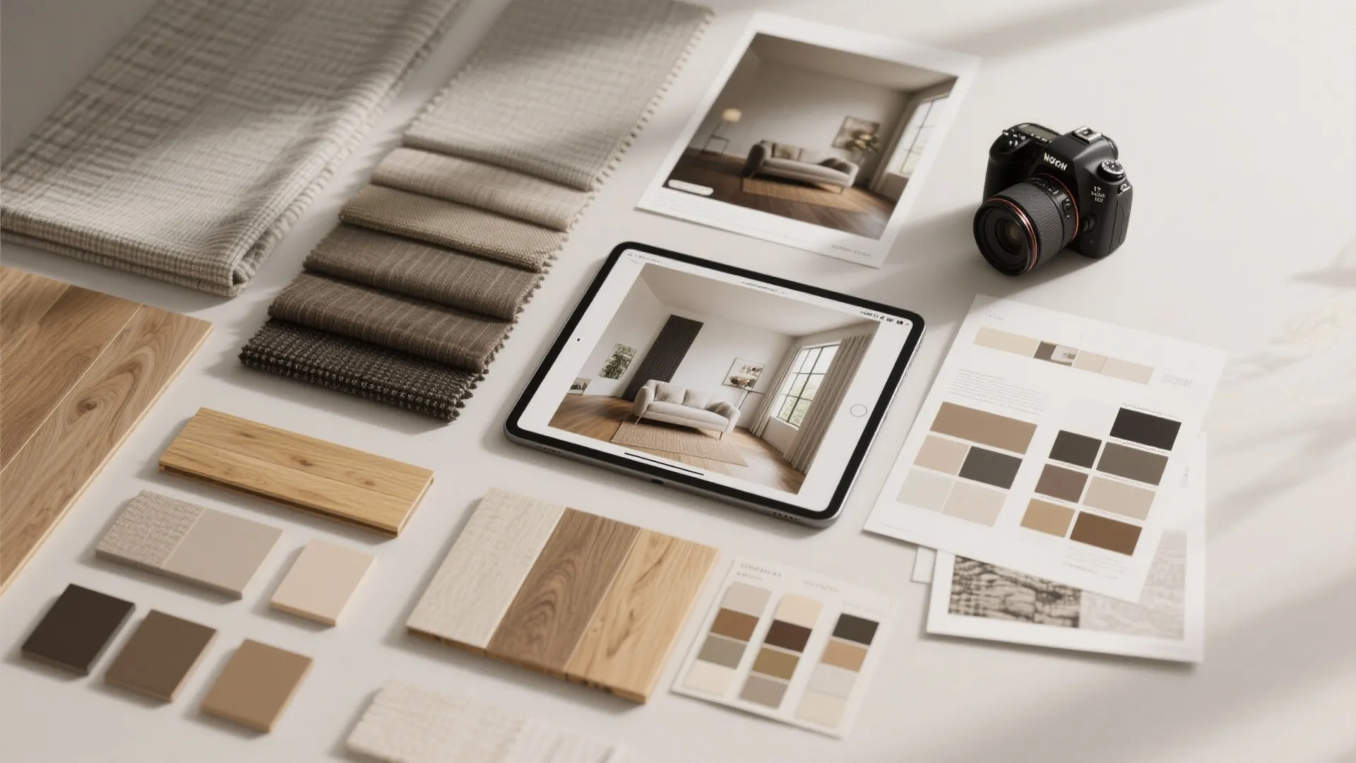 Interior design mood board with fabric swatches wood floor samples tablet and living room photos