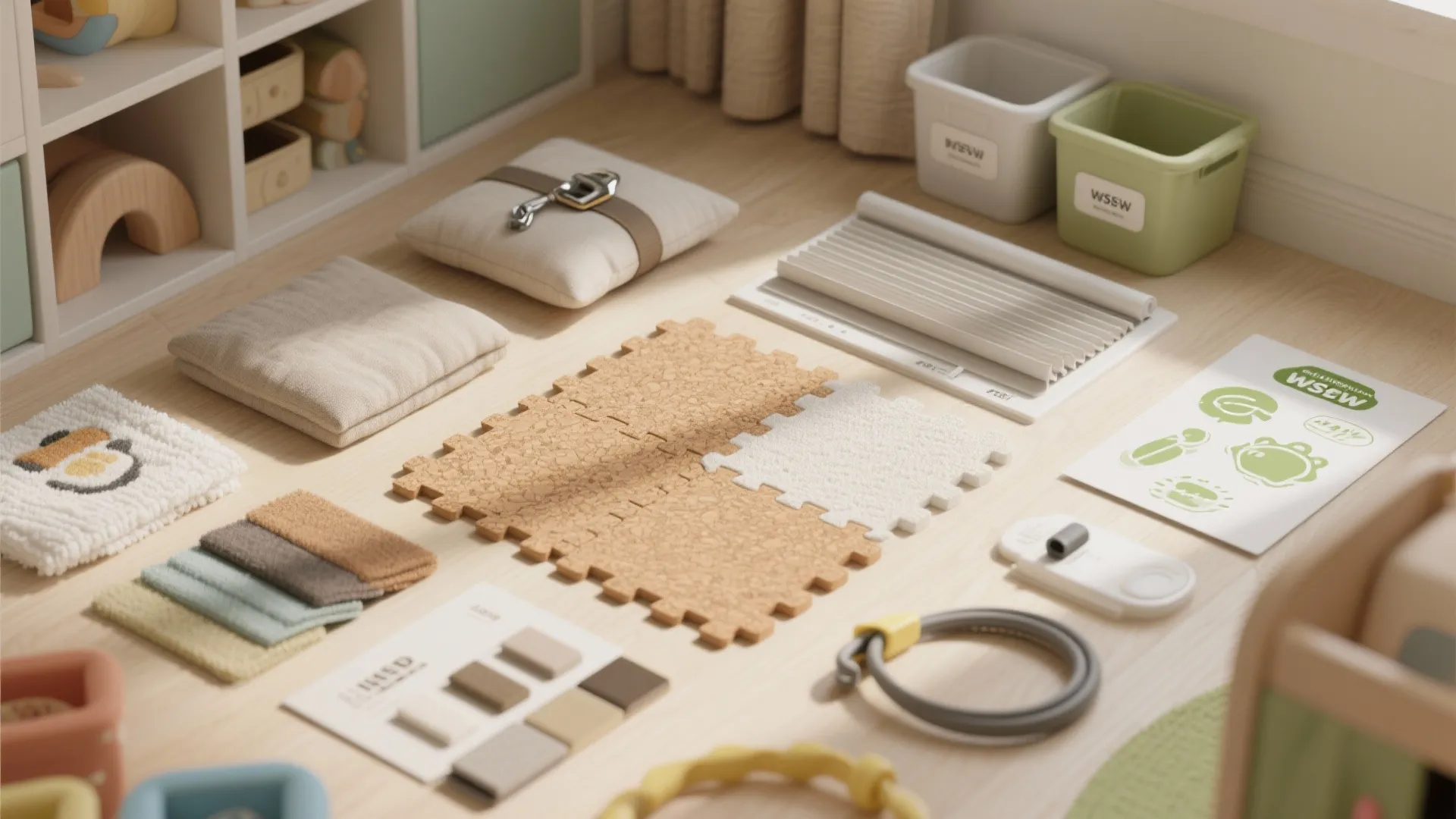 Top-down flatlay of flooring samples, washable rugs, anchor strap, and cordless blind sample.