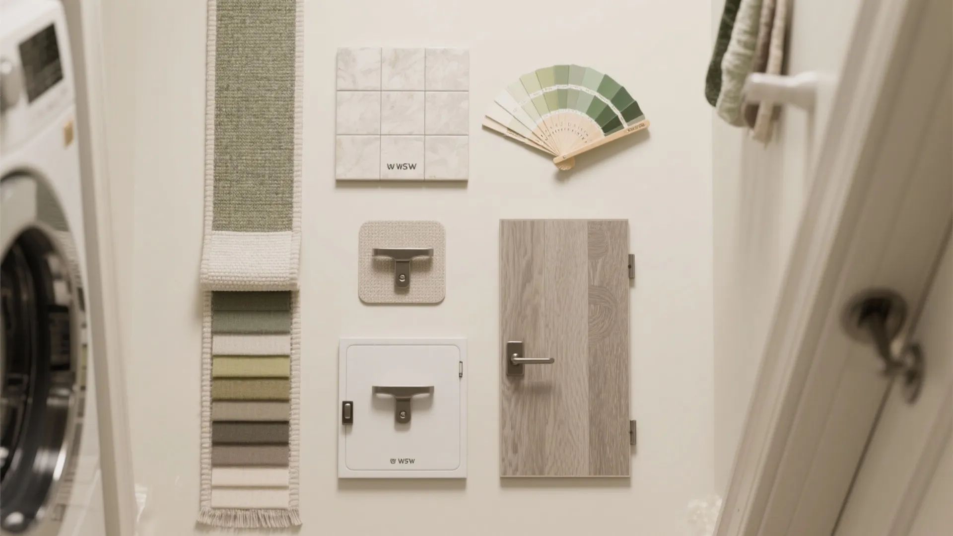 Collection of interior design materials including green fabric samples wood door panel and color fan