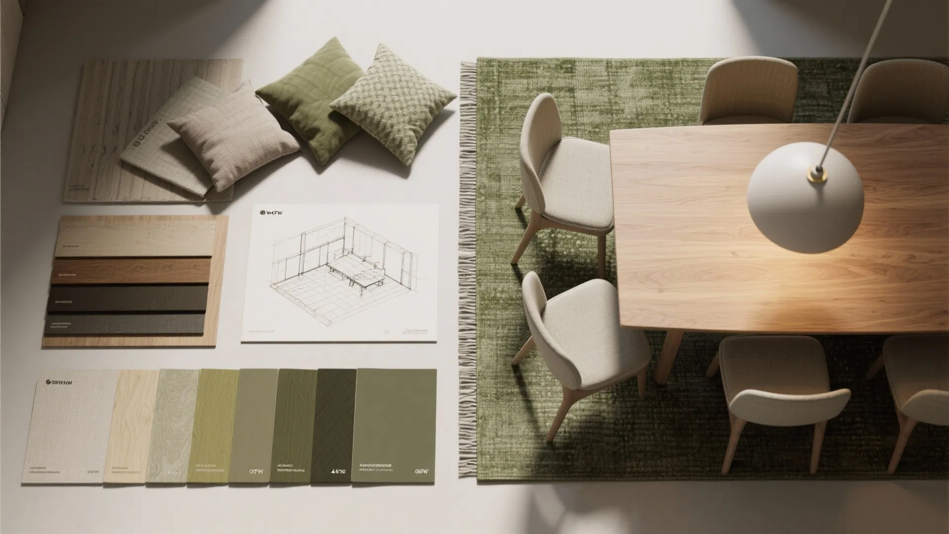 Top view of interior design drawing with color samples wood panels green rug and dining table