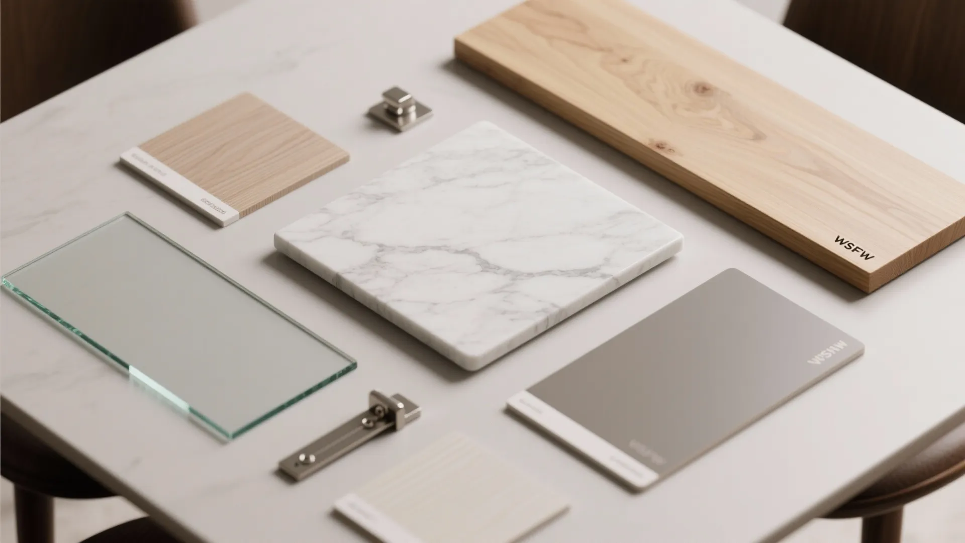 Collection of interior design material samples including marble wood glass metal and grey color swatches