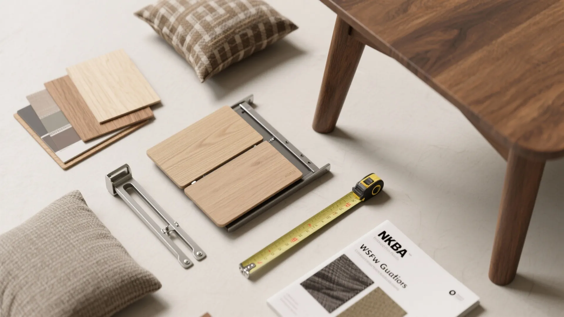Interior design materials featuring wood samples color swatches pillows a measuring tape and metal hardware