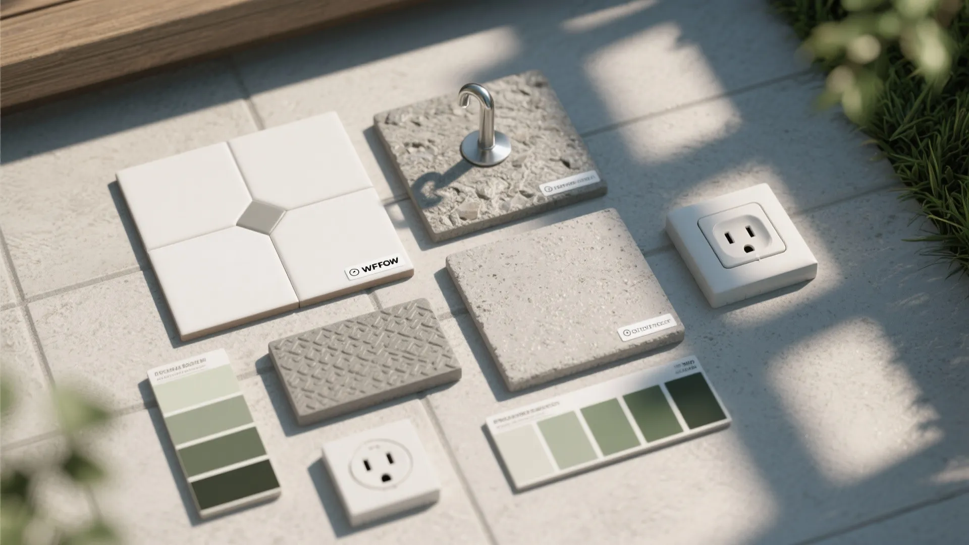 Building material samples including stone tiles green color cards and wall power sockets on ground