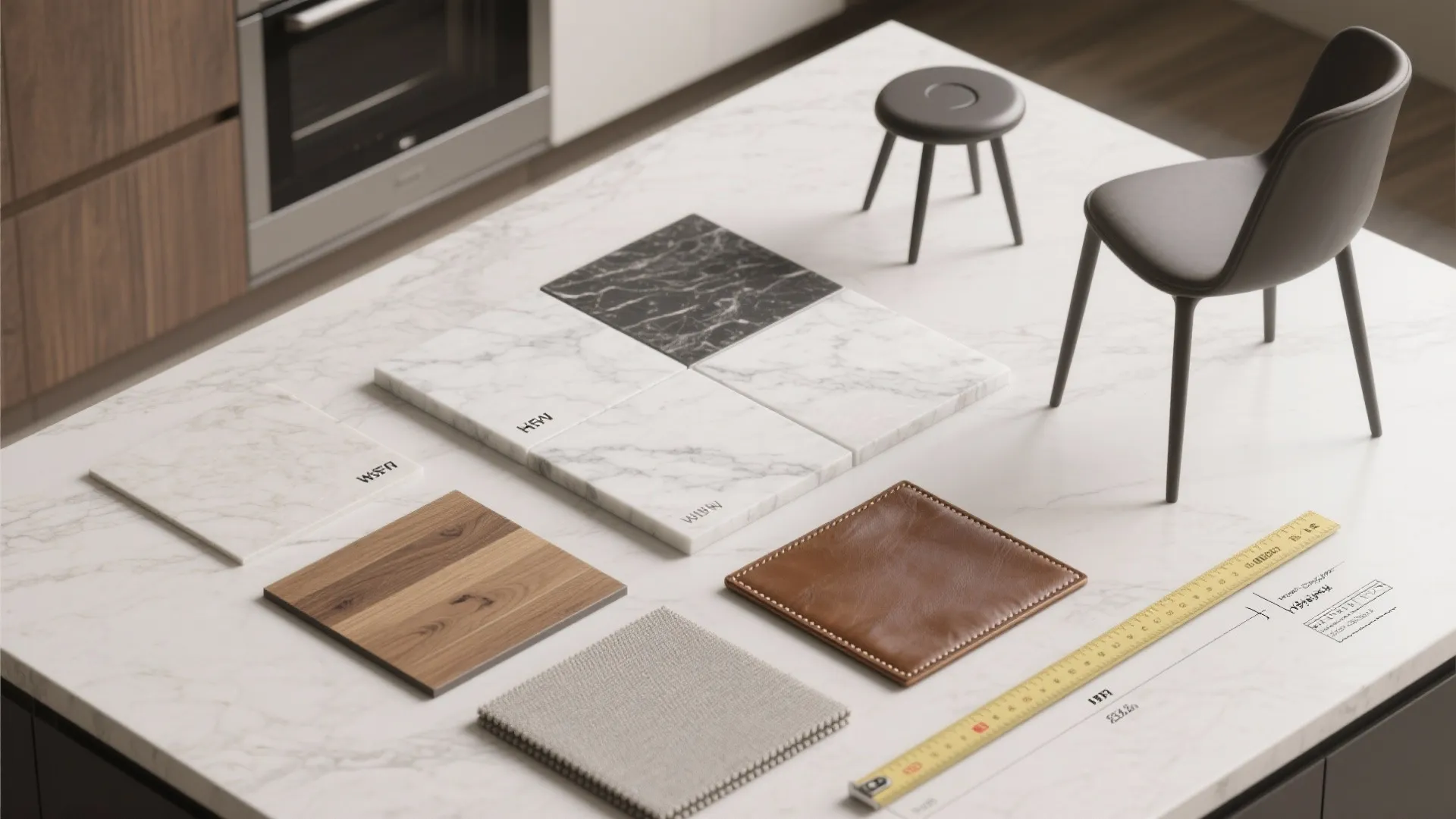 Interior design material samples of marble wood leather and fabric on a white stone counter