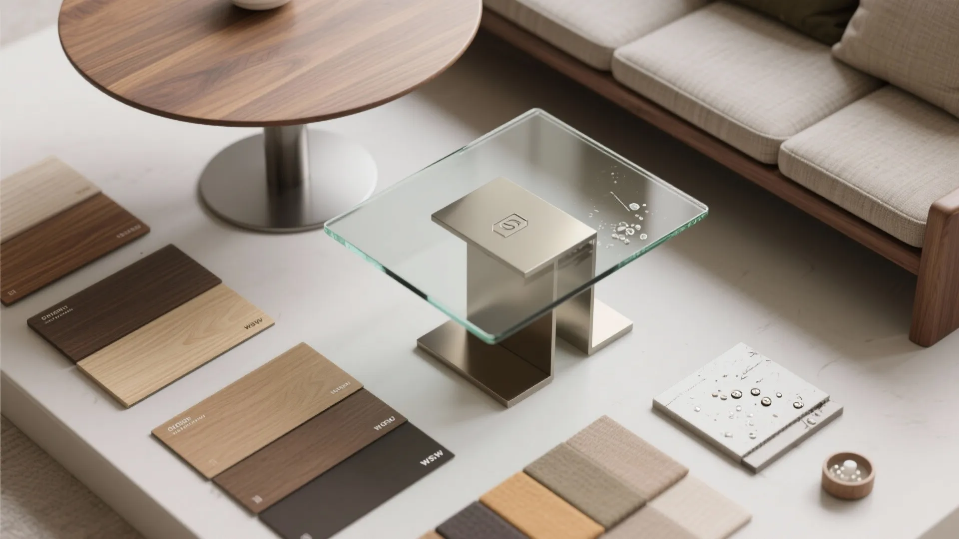 Flatlay of material samples—wood, metal, glass and fabric—suitable for durable small dining tables.