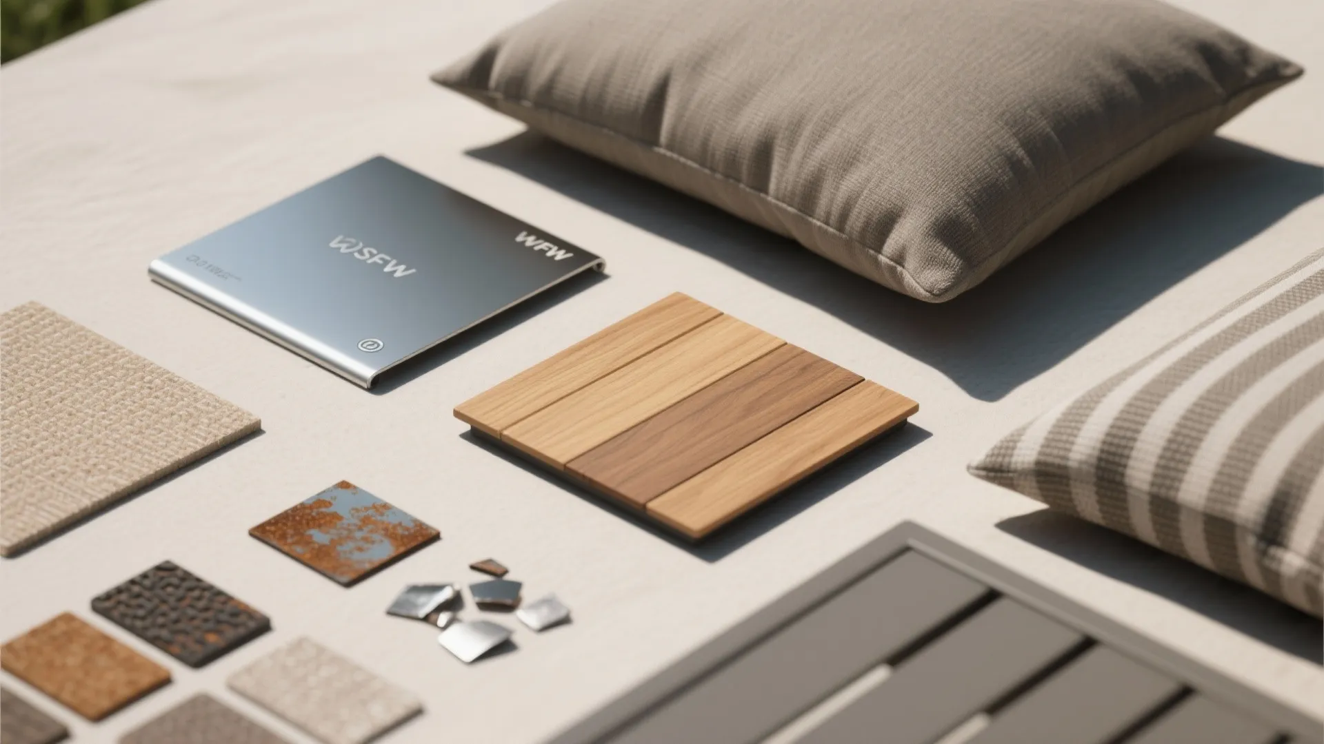 Various interior design material samples including wood tiles fabric swatches and soft pillows on table