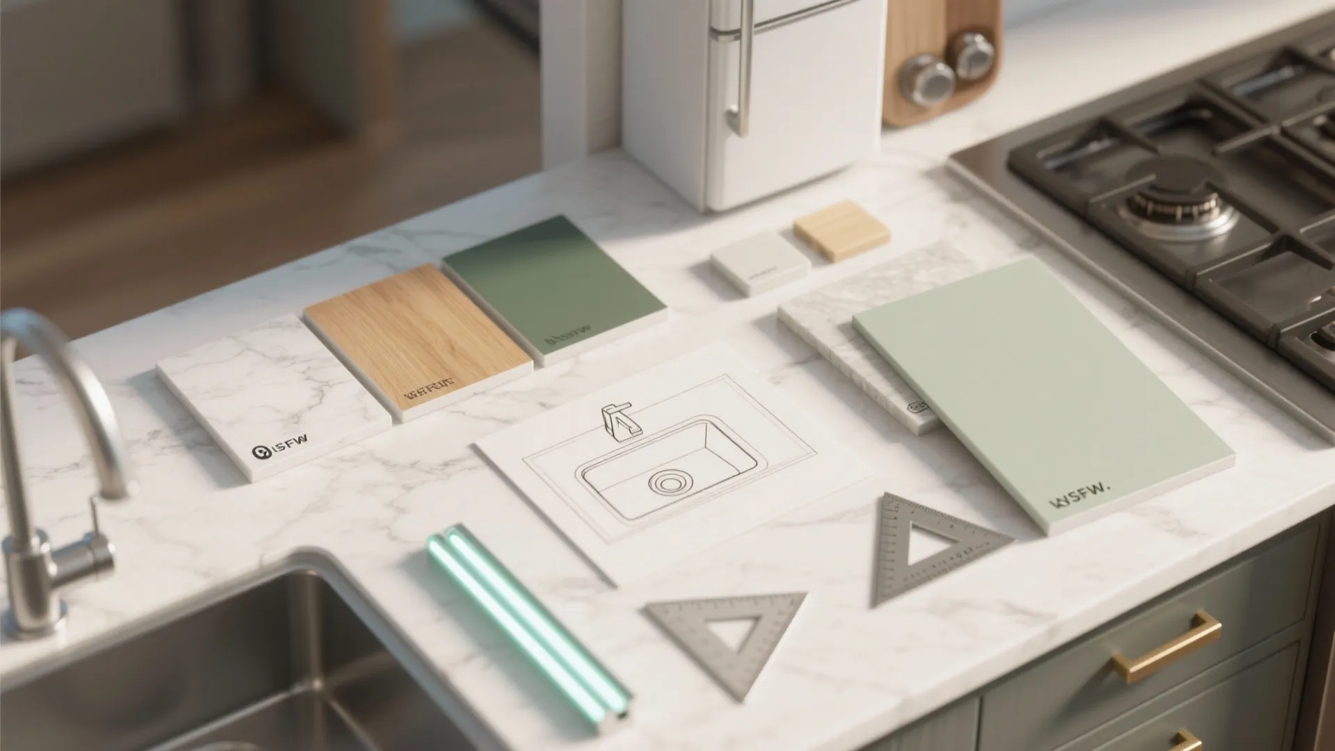 Flatlay of kitchen material samples, paint chips, hardware and lighting samples for small condo kitchens.
