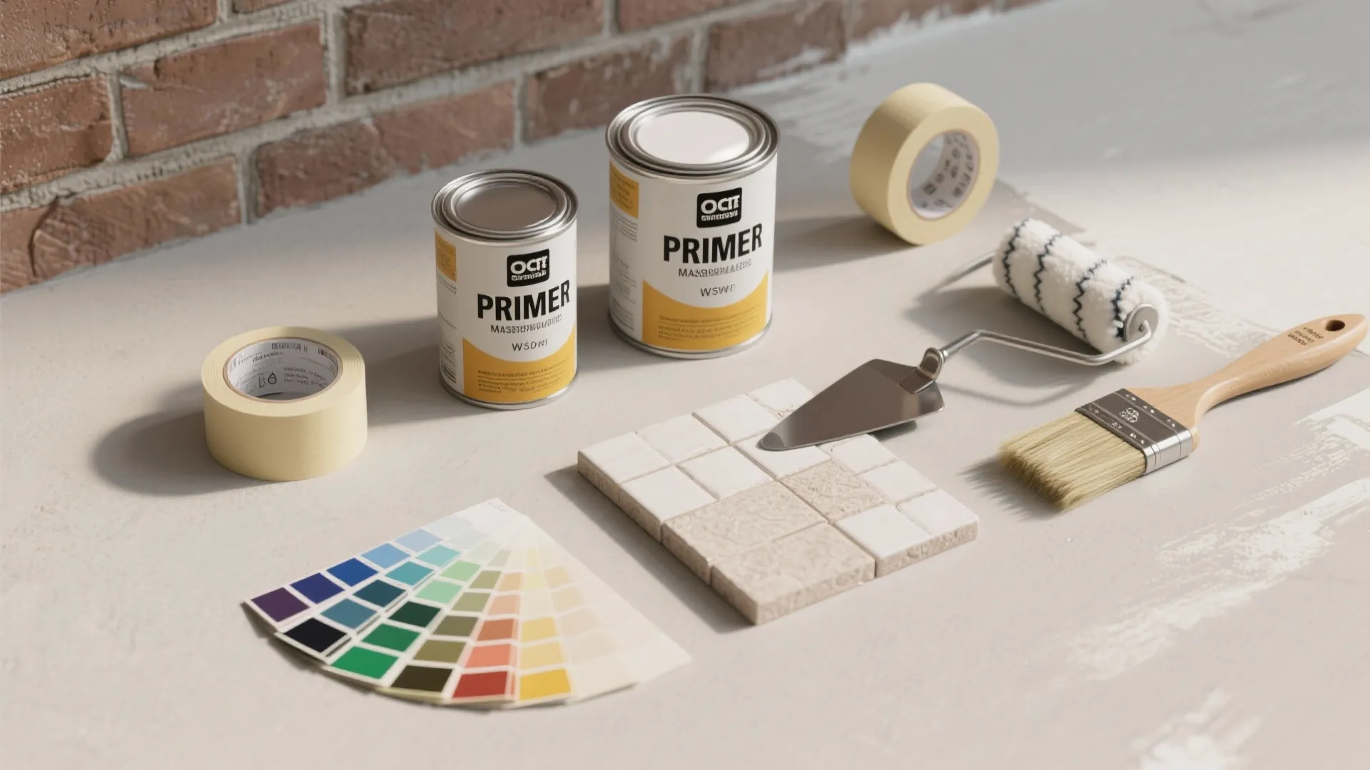 Painting tools including primer cans tape brushes and color samples laid out on a surface