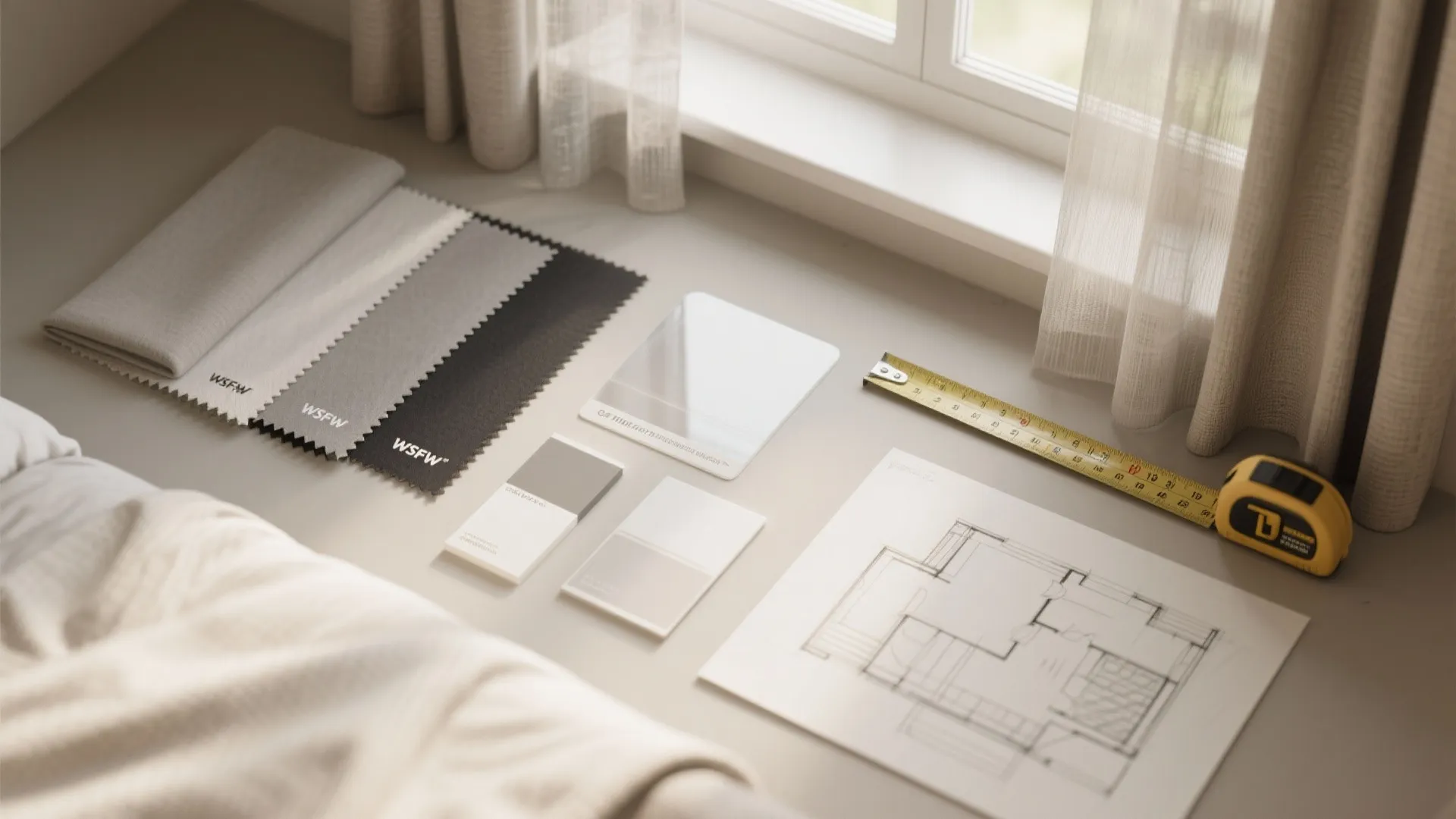 Flatlay of fabric swatches, paint chips, frosted film sample and measuring tape for window updates.