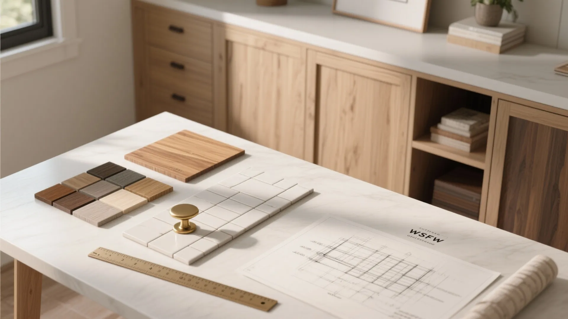 Interior design table with wood samples white tiles gold handle ruler and floor plan drawing