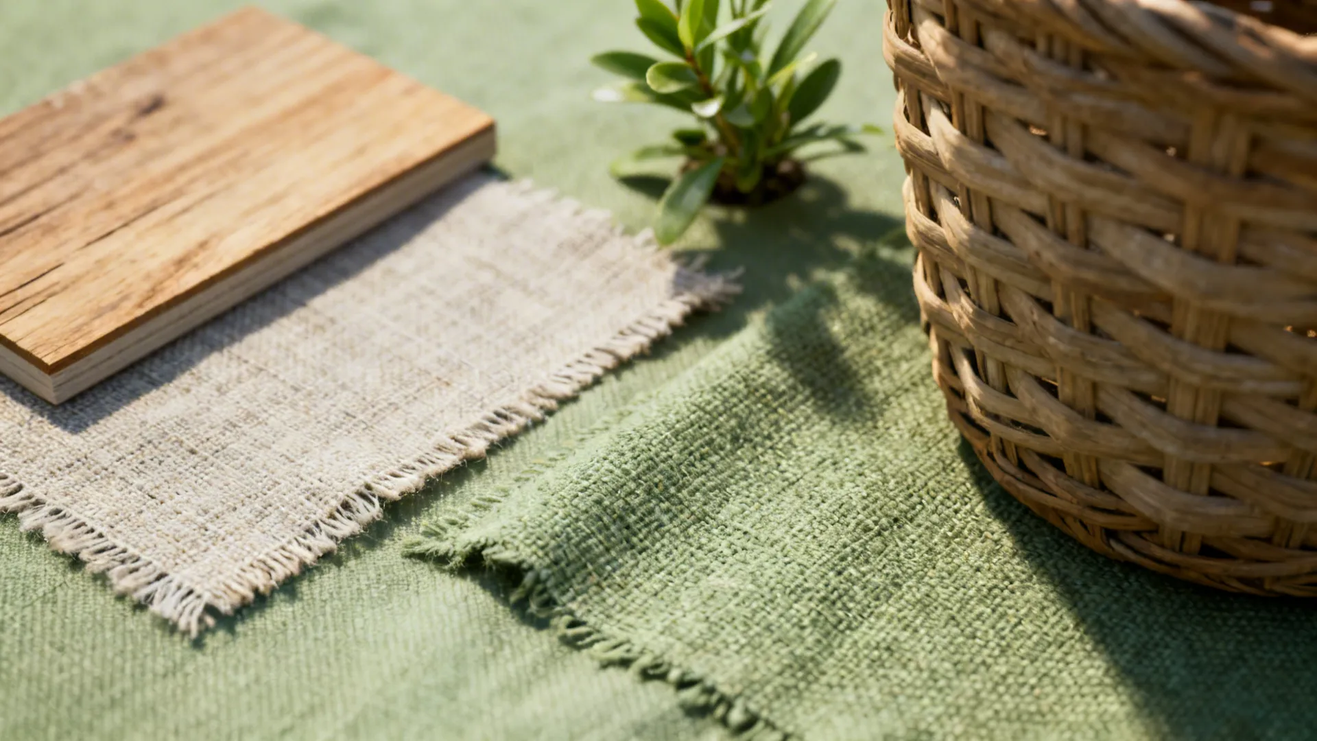Close-up of wood, linen, and woven basket material samples for country living room