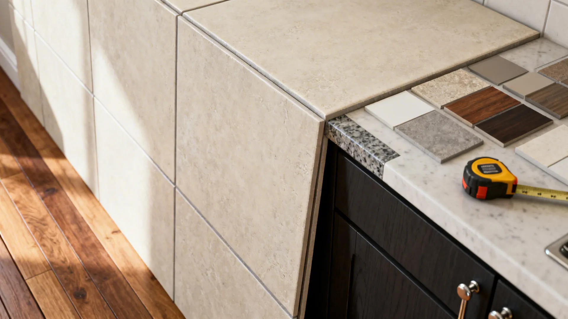 Close-up of flooring, cabinet and countertop samples for a small kitchen remodel