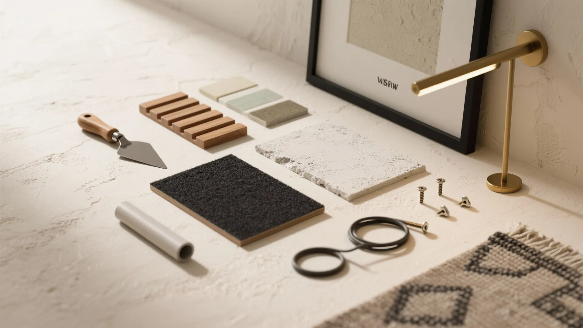 Interior design materials including wood samples stone tiles carpet swatches tools and a gold desk light