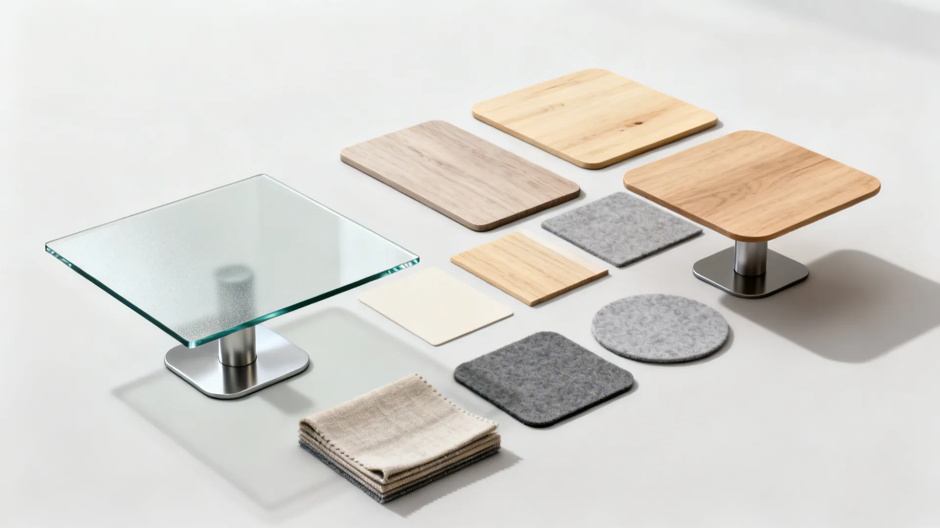 Flatlay of glass, light wood samples, slim beveled edges, rounded corners, and matte metal bases.