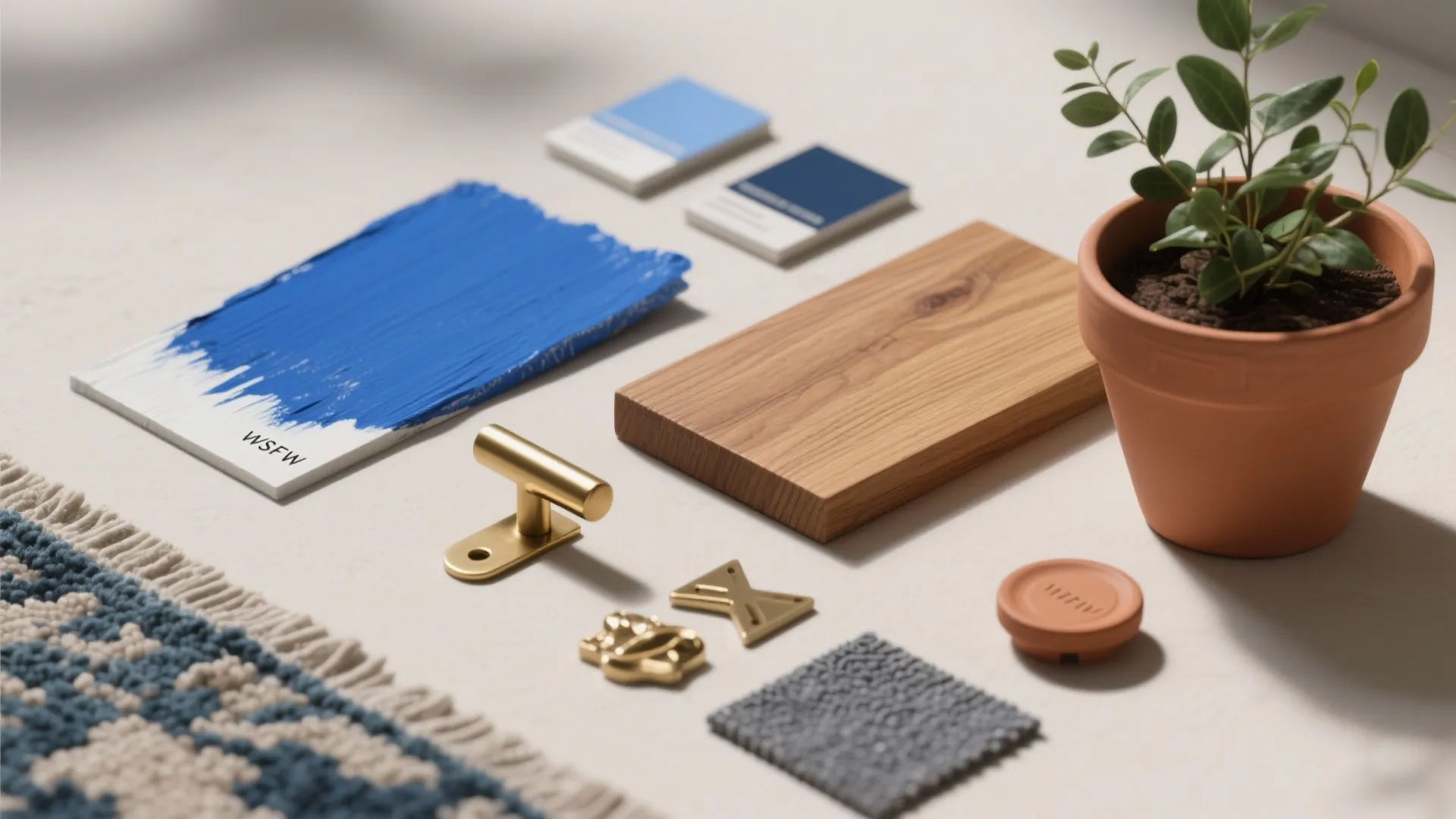 Pair sky blue with metallics, plants, and warm accents