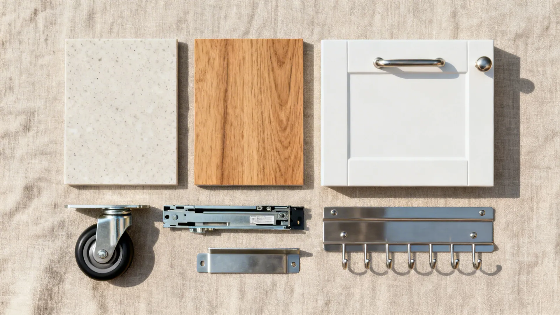 Flat lay of quartz, oak, matte white cabinet samples, hardware, casters, and brackets for small kitchen islands.