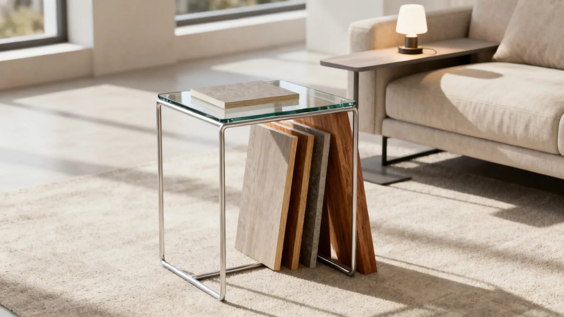 Material samples for small living rooms including lightweight metal, glass, and open-leg wood beside a narrow table lamp.