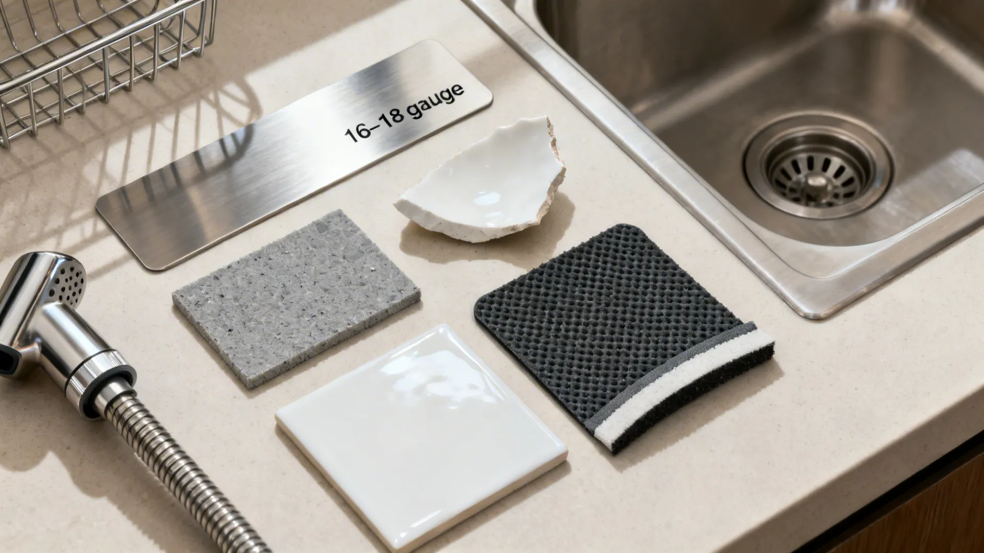 Flat lay of stainless, composite, fireclay samples with pads, mat, and a spray head.