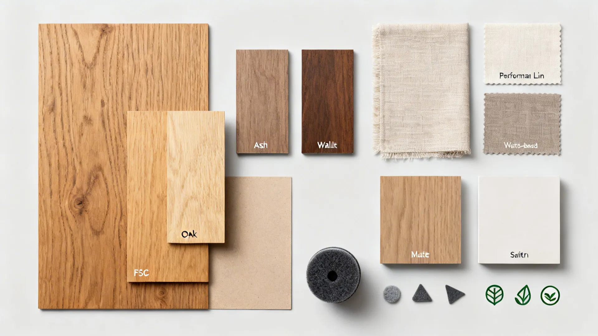 Flat lay of oak, ash, walnut samples with linen swatches and water-based finish chips.