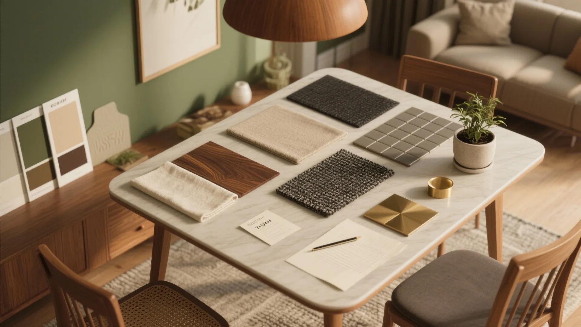 Table with material swatches and wood samples for interior design planning in a warm room