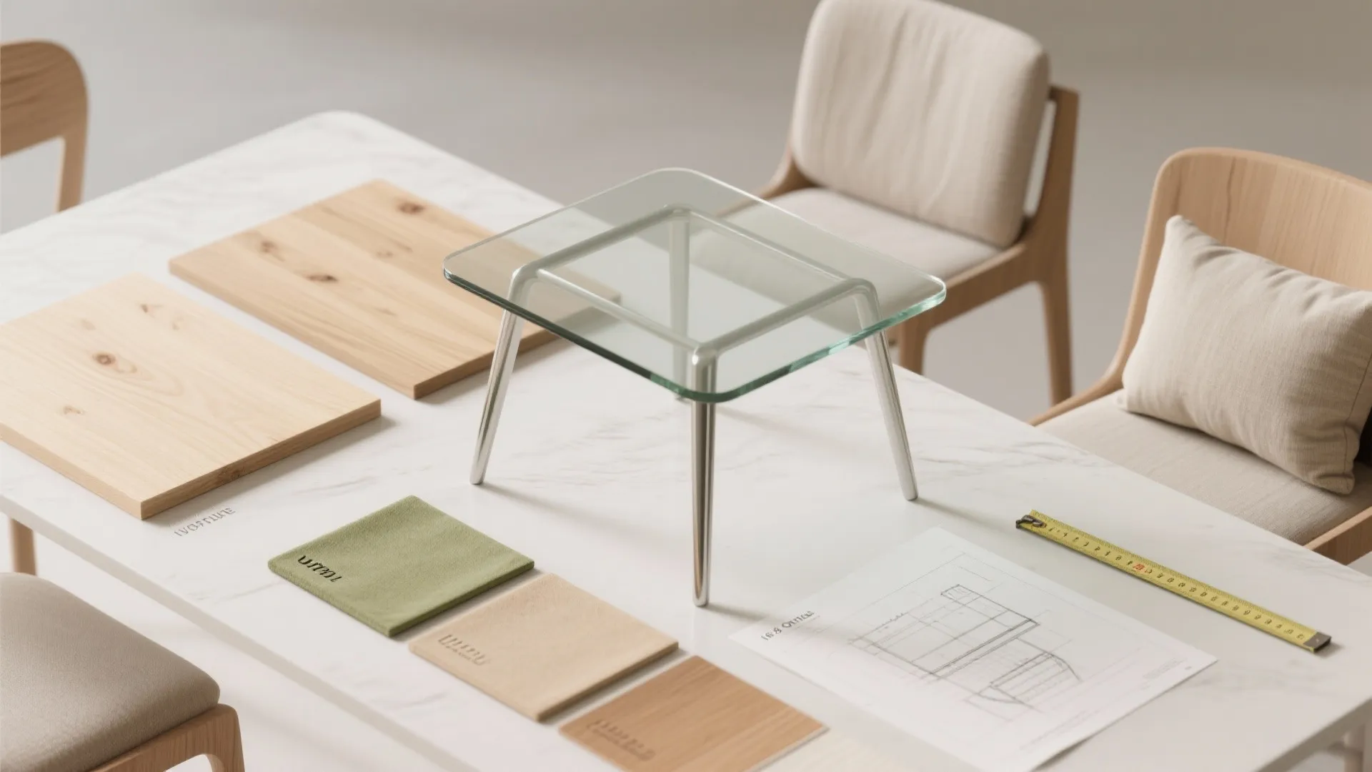 Interior design drawing with material samples and small glass table on white marble dining surface