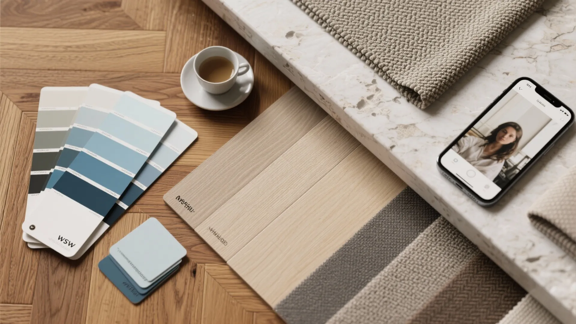 Interior design material samples including blue paint swatches wood floor boards and coffee on floor